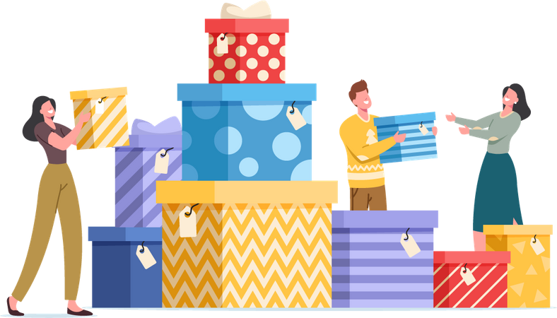 Happy People with Gift Boxes Wrapped with Festive Bow  Illustration