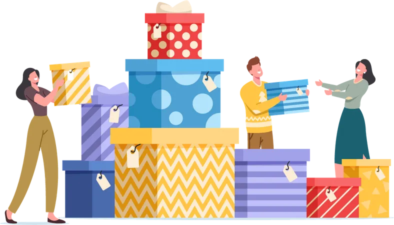 Happy People with Gift Boxes Wrapped with Festive Bow  Illustration