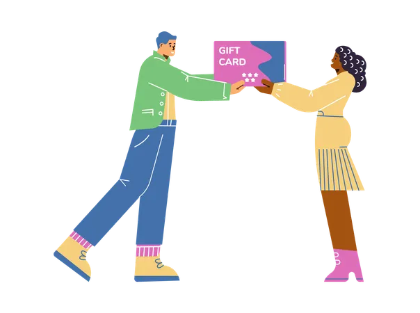 Happy people with huge gift card  Illustration
