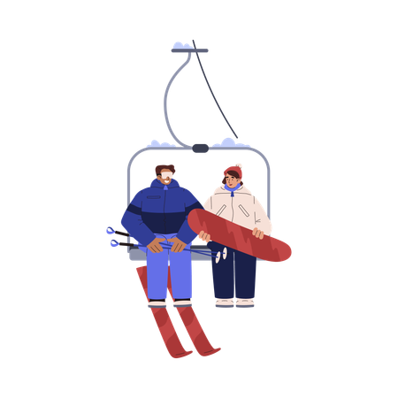 Happy people with skis and snowboard riding on chairlift  일러스트레이션