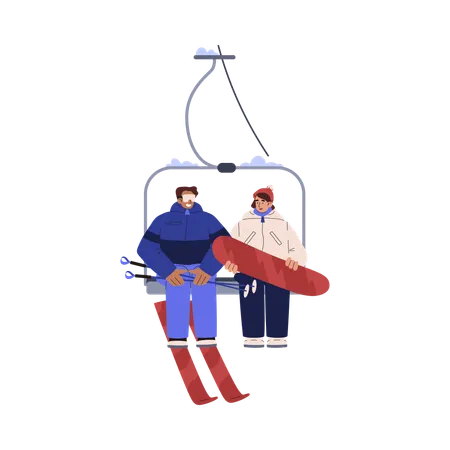 Happy people with skis and snowboard riding on chairlift  Illustration