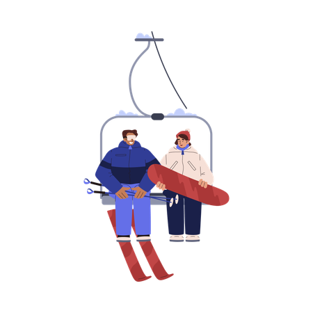 Happy people with skis and snowboard riding on chairlift  Illustration