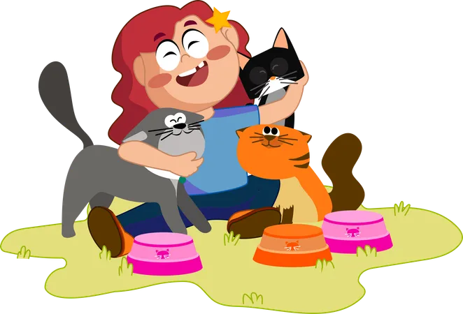 Joyful Illustration Showing A Young Girl Happily Hugging Three Different Cats Near Colorful Feeding Bowls Conveying A Warm Moment Of Pet Care And Affection Illustration