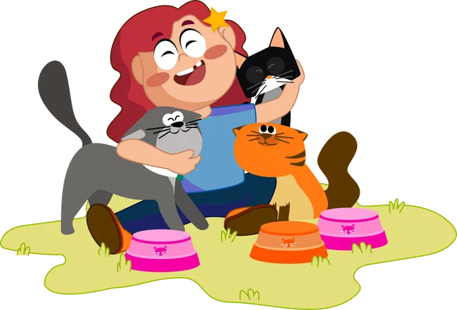 Happy Pet Feeding Time  Illustration