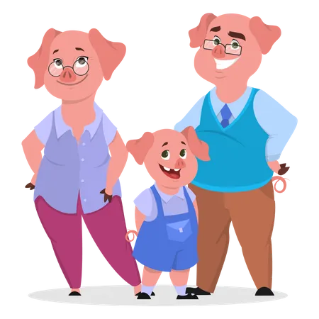 Happy pig family in clothes  Illustration