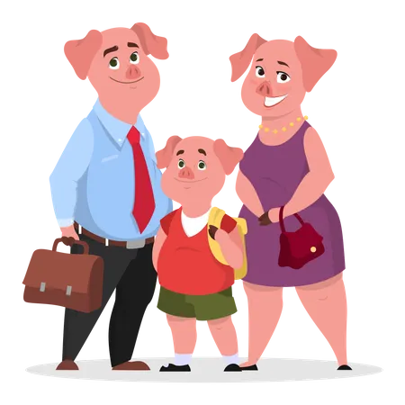 Happy pig family in clothes. Mother, father and child Illustration