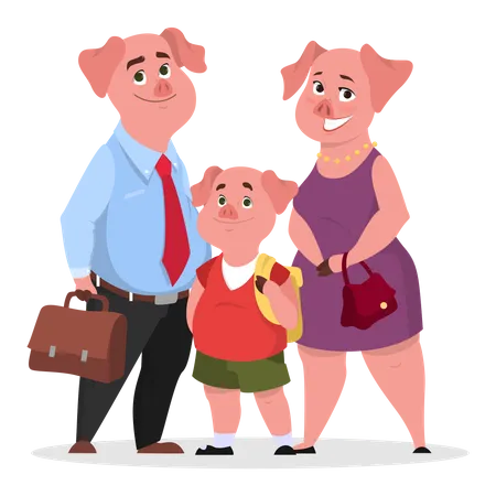 Happy pig family in clothes. Mother, father and child  Illustration