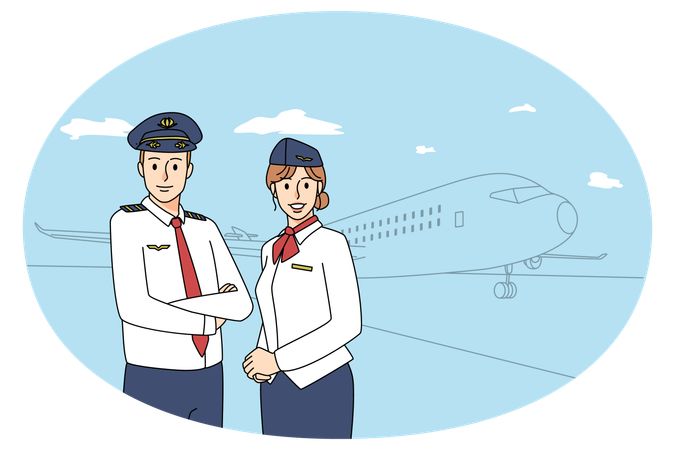 Happy pilot and stewardess near airplane  Illustration