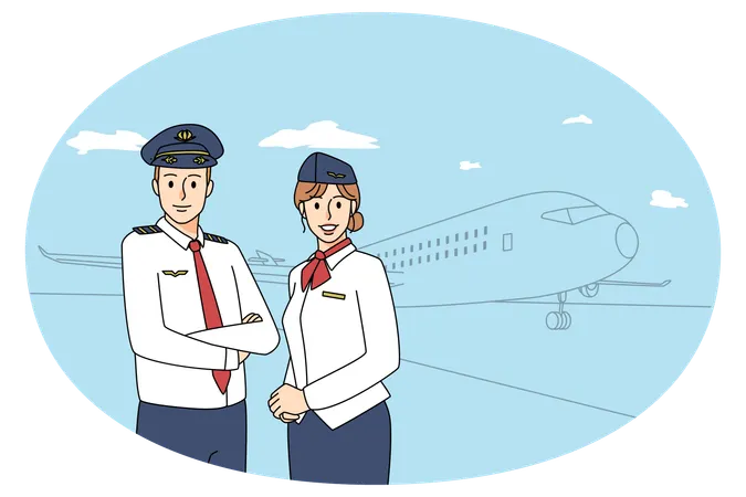 Happy pilot and stewardess near airplane  Illustration