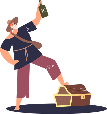 Happy pirate holding rum bottle  イラスト
