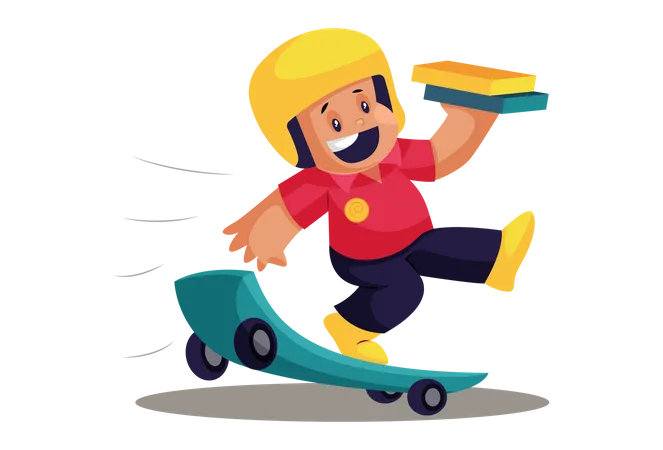 Happy Pizza Delivery Man on Skateboard  Illustration