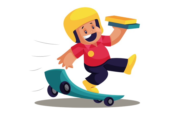 Happy Pizza Delivery Man on Skateboard  Illustration