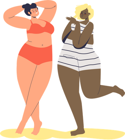 Happy plus size diverse female cartoon characters in lingerie. Body positive movement concept Illustration