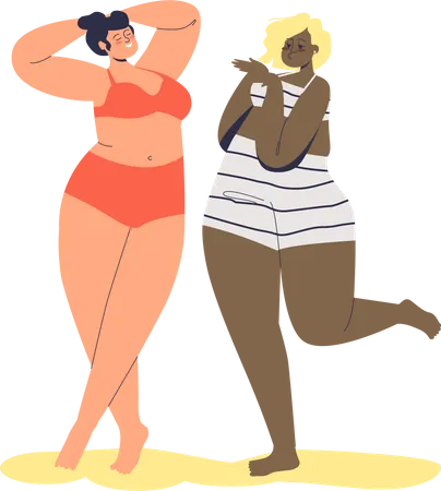 Happy plus size diverse female cartoon characters in lingerie. Body positive movement concept  Illustration