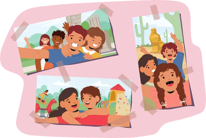 Happy  Posing And Smiling During Various Outdoor Activities In  photo Cards Collage  Illustration