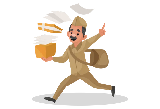 Happy postman running and holding letter box in his hand  イラスト