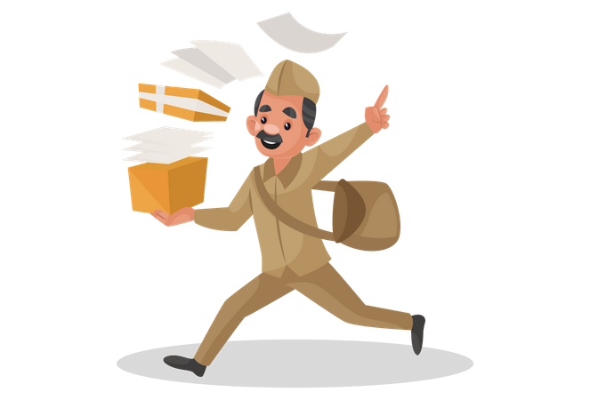 Happy postman running and holding letter box in his hand  Illustration