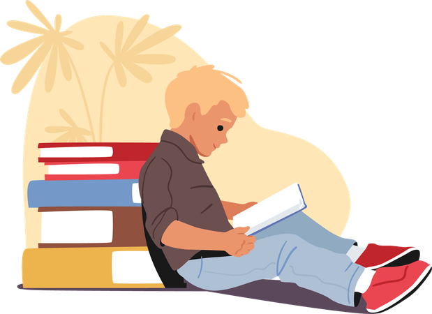 Happy preschool boy reading leaned back to pile of huge paper hardcover textbook  Illustration