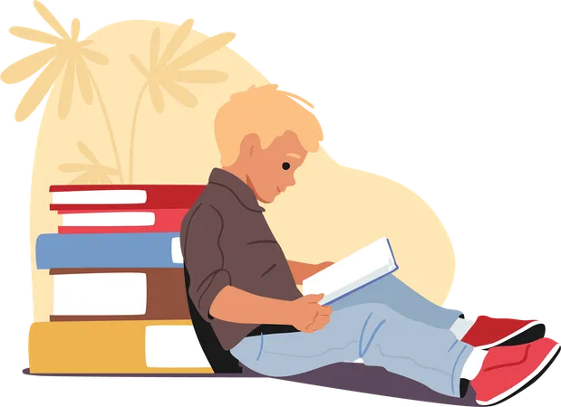 Happy preschool boy reading leaned back to pile of huge paper hardcover textbook  Illustration