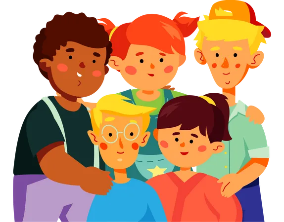 Happy Preschool Children Colorful Flat Design Style Illustration With Cartoon Characters Cheerful Three Boys Two Girls Cute Kids Of Different Nationalities Standing Together Posing For A Photo Illustration