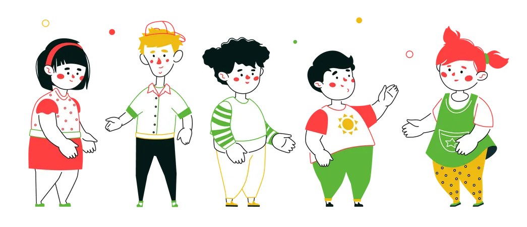 Happy Preschool Children Colorful Line Design Set Of Characters On White Background Two Cheerful Boys Three Girls Kindergarteners Standing Together Cute Kids Communicating With Each Other Idea Illustration