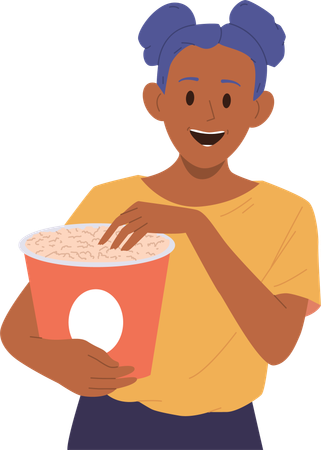 Happy preteen girl   watching cinema movie enjoying fasfood popcorn snack  Illustration