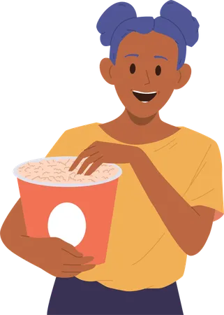 Happy preteen girl   watching cinema movie enjoying fasfood popcorn snack  Illustration