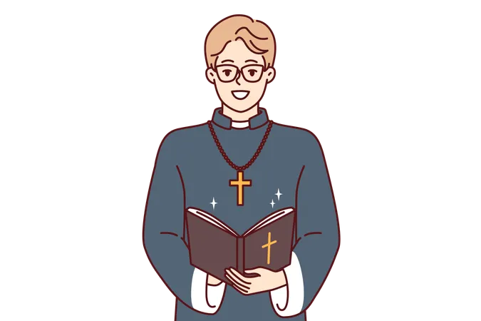 Happy Man Priest With Bible And Golden Cross On Neck Smiles Preaching And Reading Prayers In Christian Church Young Priestly Mentor Monastery Or Catholic Cathedral Teaches Religious Texts Illustration