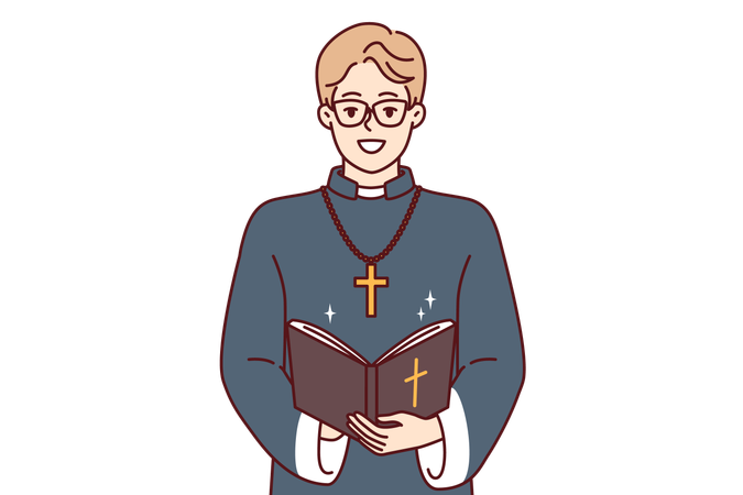 Happy priest reading bible book  Illustration