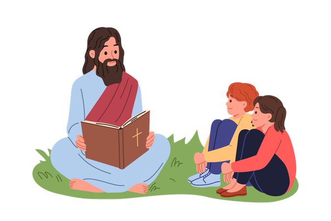 Happy priest reading bible book with child  イラスト