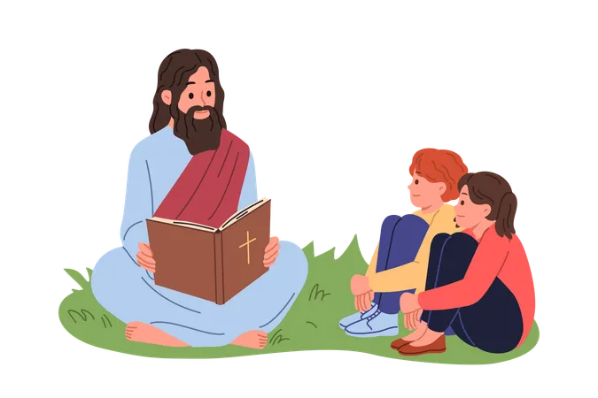 Happy priest reading bible book with child  イラスト