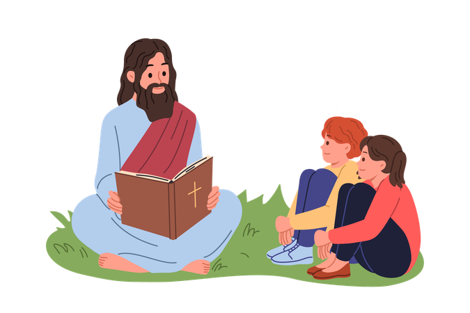 Happy priest reading bible book with child  Illustration