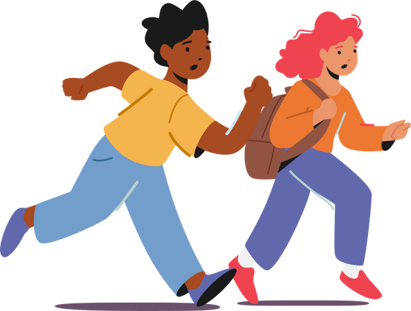 Happy Pupils African Boy and Caucasian Girl with Rucksack Run Illustration