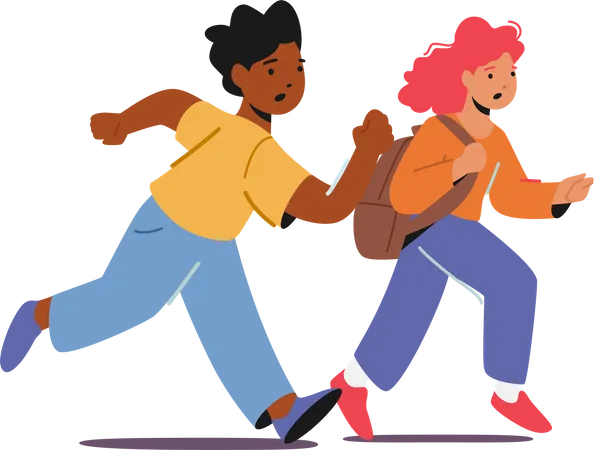 Happy Pupils African Boy And Caucasian Girl With Rucksack Run Having Active Games On Playground Or During School Break Children Characters Playing And Having Fun Cartoon People Vector Illustration Illustration
