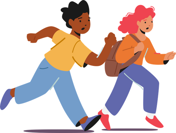 Happy Pupils African Boy and Caucasian Girl with Rucksack Run  Illustration