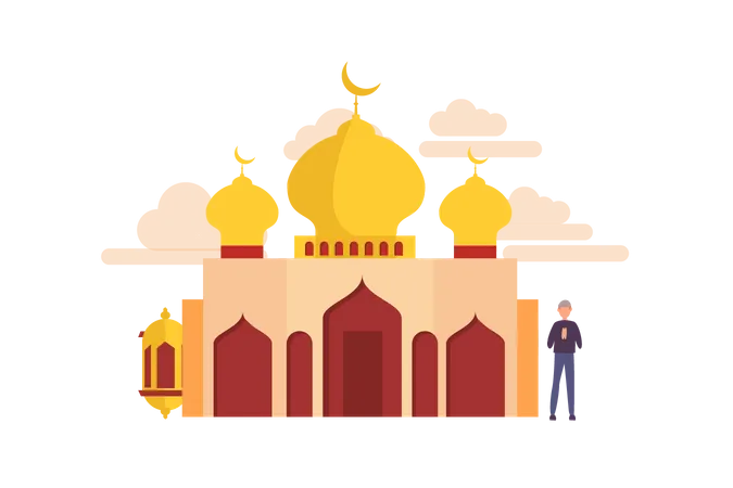 Happy ramadan concept with tiny people character for web landing page template, banner, flyer and presentation. islamic eid fitr or adha flat design Illustration