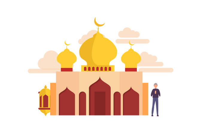 Happy ramadan concept with tiny people character for web landing page template, banner, flyer and presentation. islamic eid fitr or adha flat design  Illustration