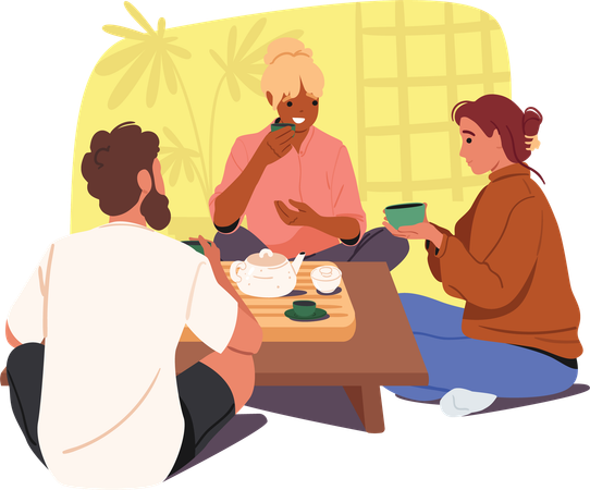 Happy relaxed friends enjoying asian tea ceremony in oriental restaurant  Illustration