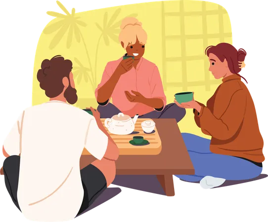 Happy relaxed friends enjoying asian tea ceremony in oriental restaurant  Illustration