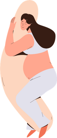 Happy relaxed pregnant woman sleeping using special comfortable pillow to relief from back pain  Illustration