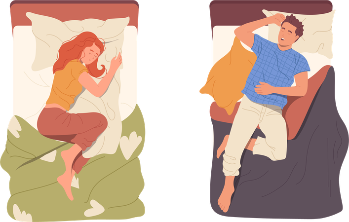 Happy relaxed young woman and man sleeping in bed  イラスト