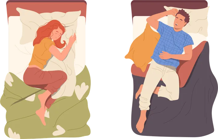 Happy Relaxed Young Woman And Man Cartoon Characters Sleeping Alone With Pillow Under Blanket In Bed Isolated On White Background Healthy Snooze Serene Night And Rest Time Vector Illustration Illustration