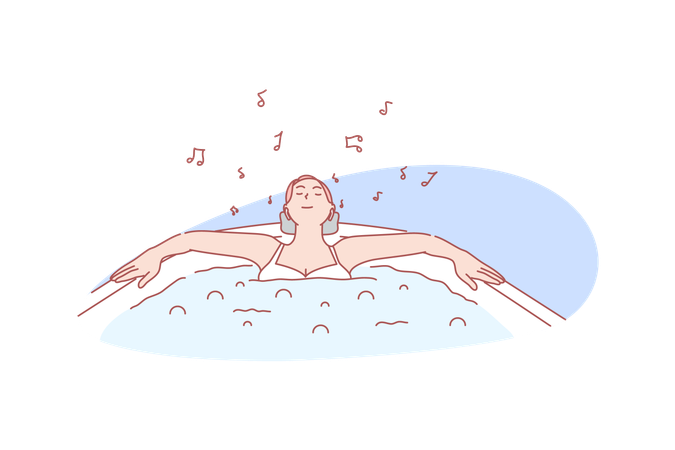 Happy relaxing woman taking bath with pleasure listening music  Illustration