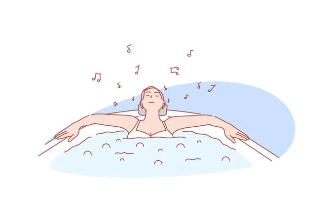Relax Pleasure Bathing Spa Concept Happy Relaxing Woman Taking Bath With Pleasure Listening Music Resting Lady In Beauty Bodycare Procedure Spa Health Care Wellbeing Simple Flat Vector イラスト