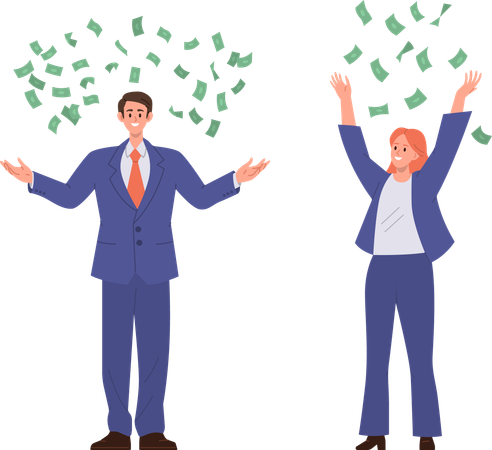 Happy rich business team throwing money cash in air  Illustration