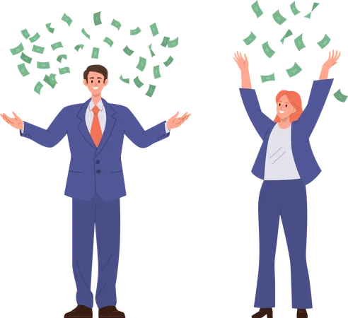 Happy rich business team throwing money cash in air  Illustration