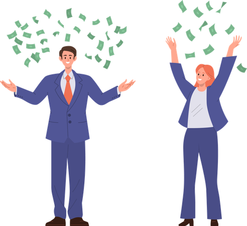 Happy rich business team throwing money cash in air  イラスト