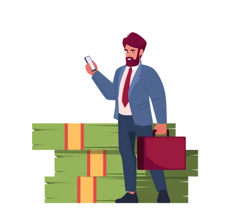 Happy Rich Businessman Character Isolated On White Background Wealthy Man With Briefcase And Mobile Phone Near Pile Of Cash Increase In Financial Income Concept Cartoon People Vector Illustration Illustration