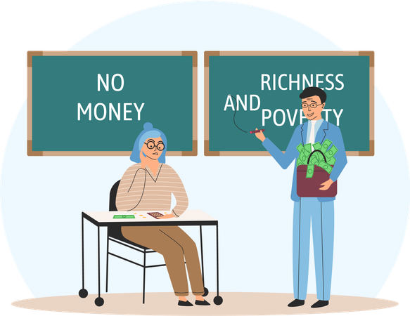 Happy rich businessman with bag of money and poor thriftiness woman  Illustration