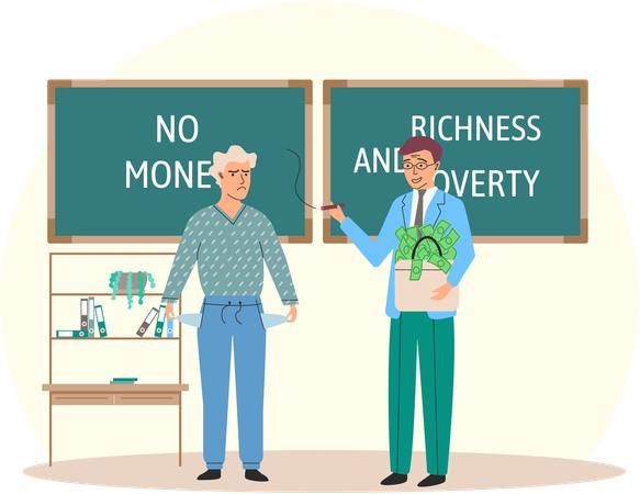 Happy rich businessman with bag of money and poor thriftiness woman Illustration